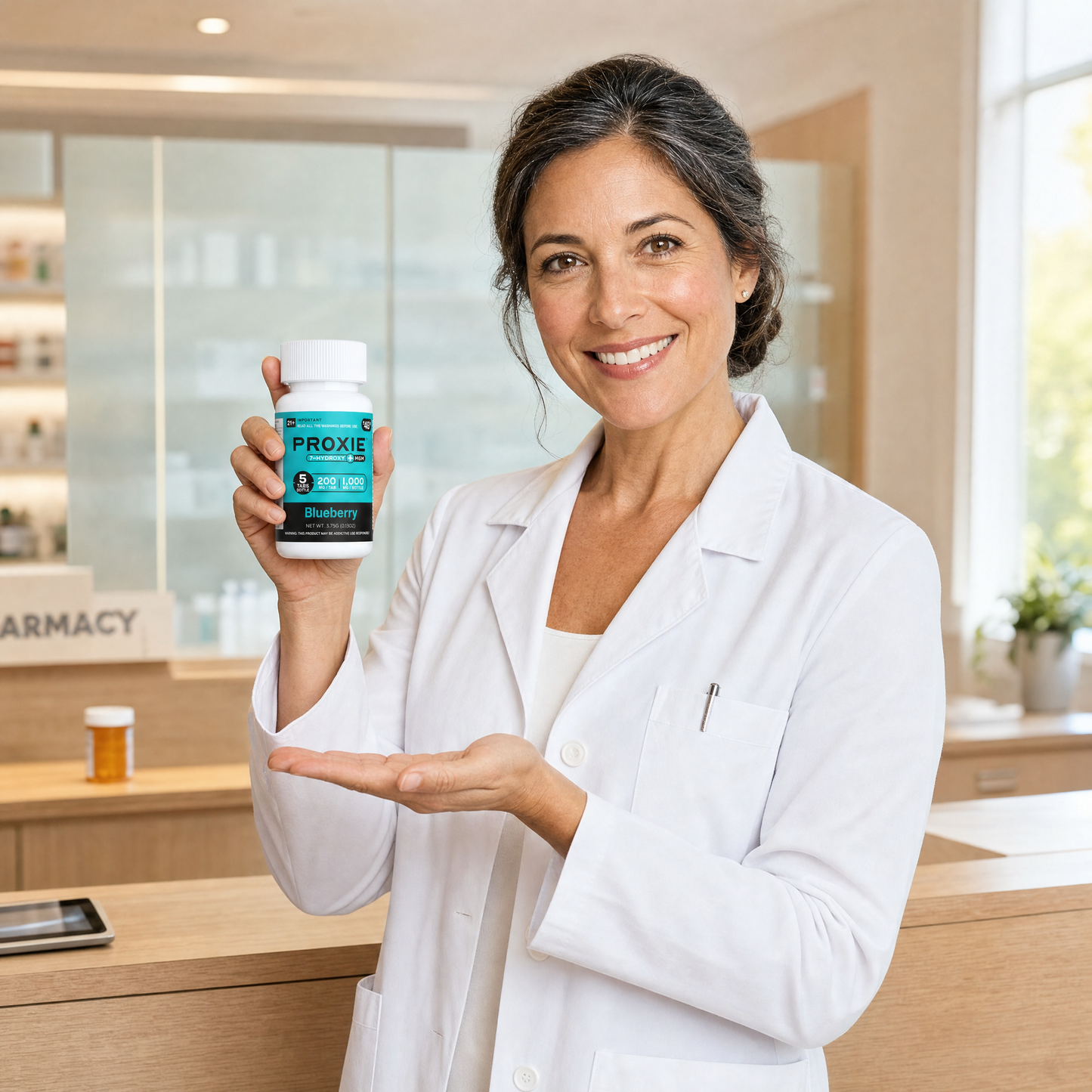 Pharmacist holding Proxie bottle
