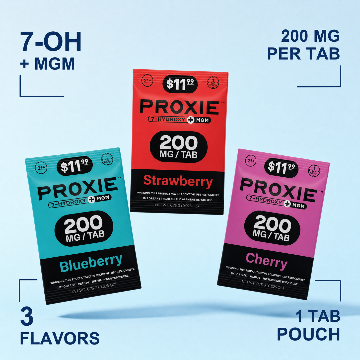 Proxie 7-OH + MGM 200mg pouch - 3 flavors specs